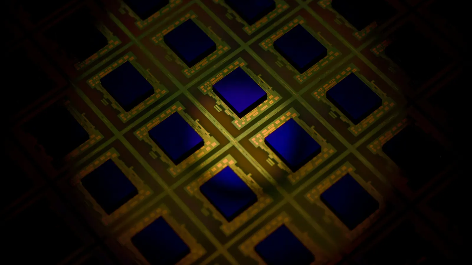 Macro photograph of a silicon wafer showing arrays of microscopic circuit patterns